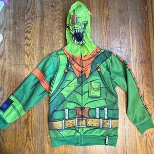 Fortnite Boys Green Rex Dinosaur Cosplay Hoodie Zip Front Sweatshirt Medium